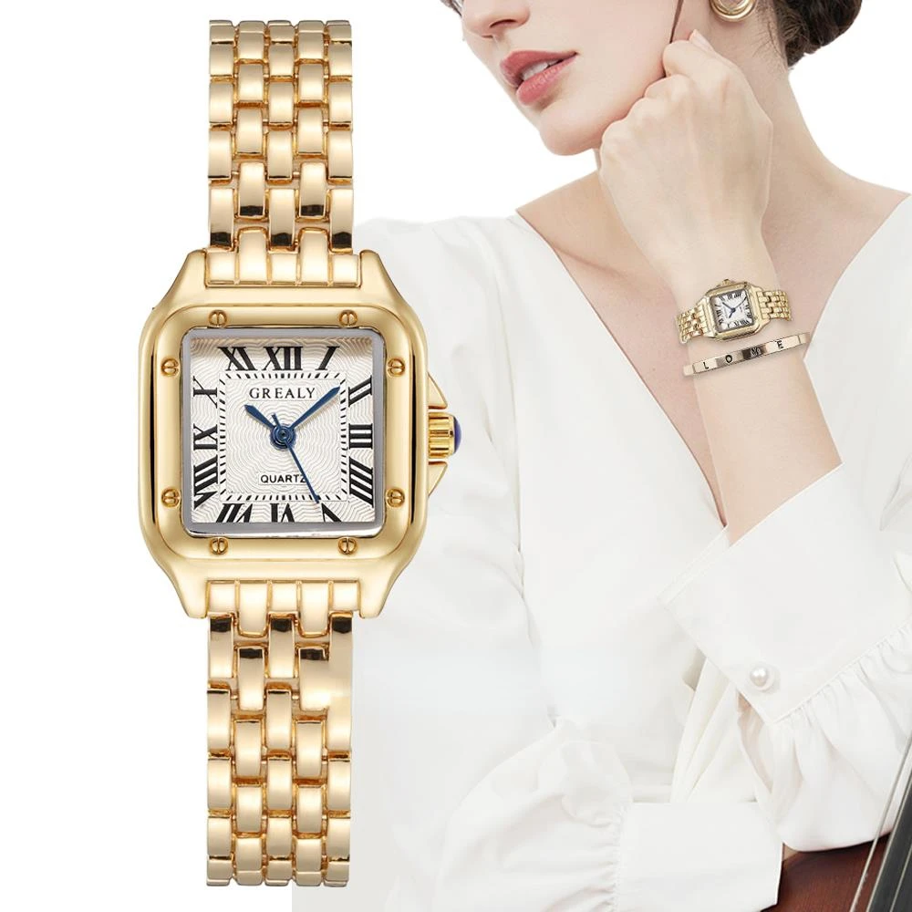 2023 Luxury Women\'s Fashion Square Watches Gold Alloy Strap Ladies Quartz Wristwatches Qualities Female Roman Scale Clock