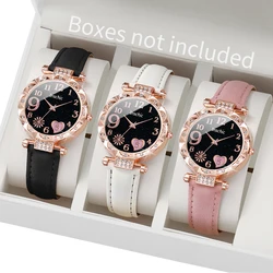 3pcs/set Women Ladies Fashion Leather Strap Heart-shaped Dial Quartz Watch Black White Pink Set