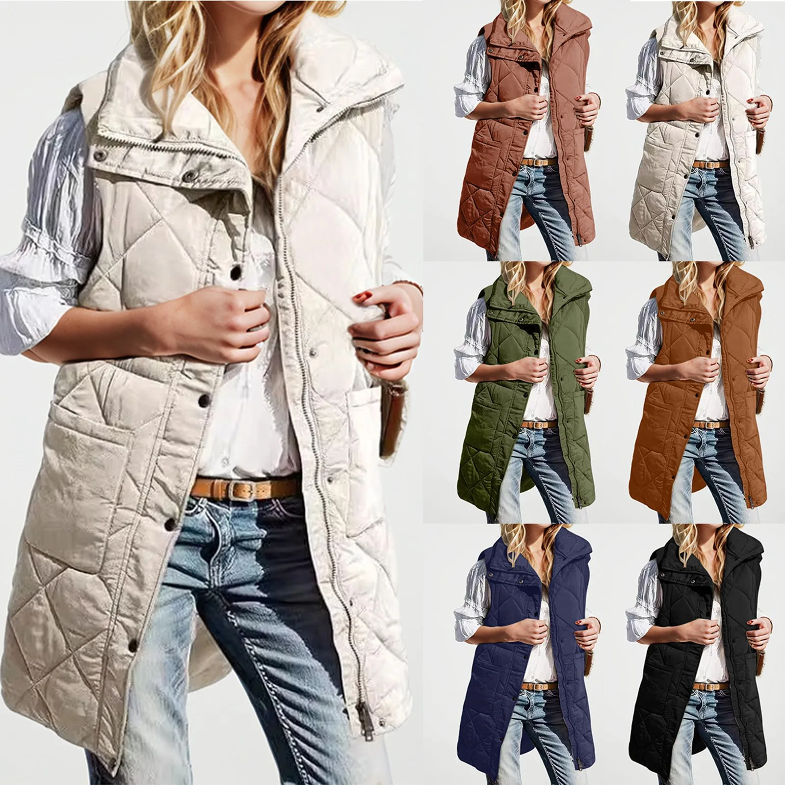 Women's Autumn Winter Vest Solid Color Zipper Lapel Mid Length Vest Slim Fit Elegant Outerwear Top Cotton down Vest For Women