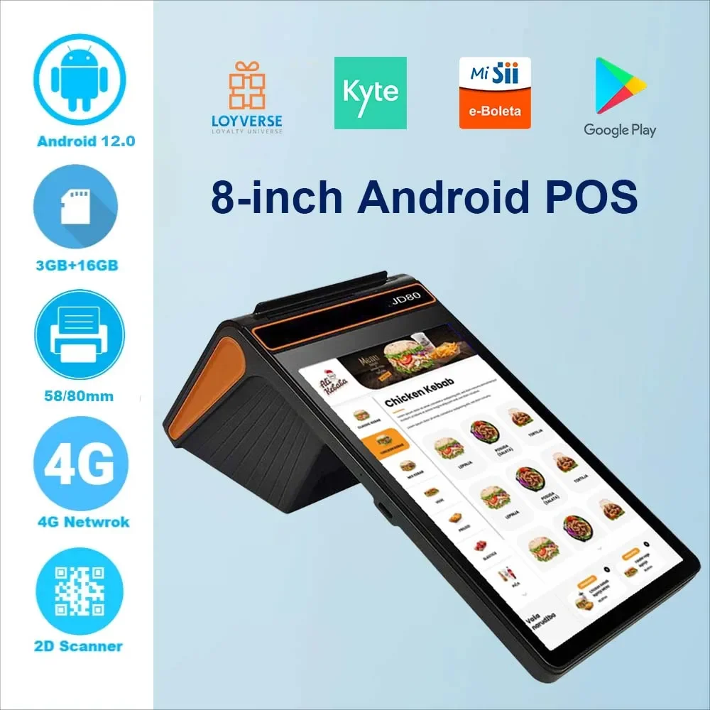 8 Inch 3＋16GB Touch Screen Pos Systems Android 13 Handheld Mobile POS Machine Terminal 80mm Printer POS Termina