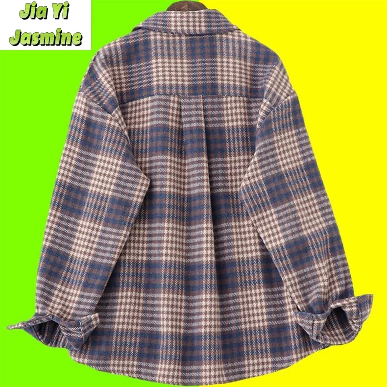 Spring and Autumn New Women's Loose Korean Edition Slimming and Thickened Brushed Plaid Shirt Retro Art Coat