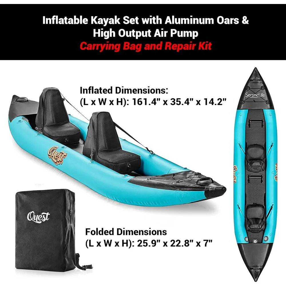 Kayak tiup 2 orang, Kayak ganda dengan dayung aluminium, Kit perbaikan, ringan, Kayak dewasa portabel