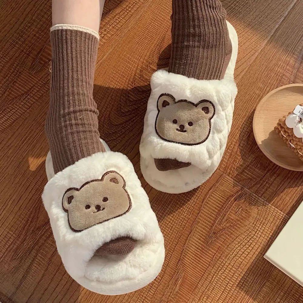 Cute Fuzzy Plush Bear Slippers Grid Comfortable Casual Slippers Winter Cartoon Thickening Flat Plush Shoes Indoor