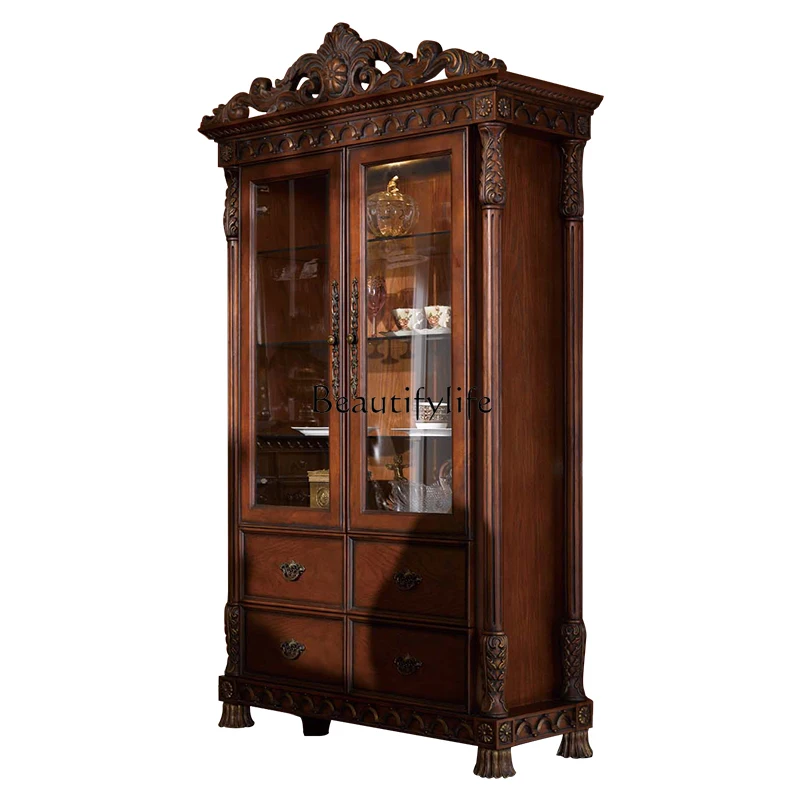 American rural solid wood wine cabinet two doors European retro display living room side cabinet