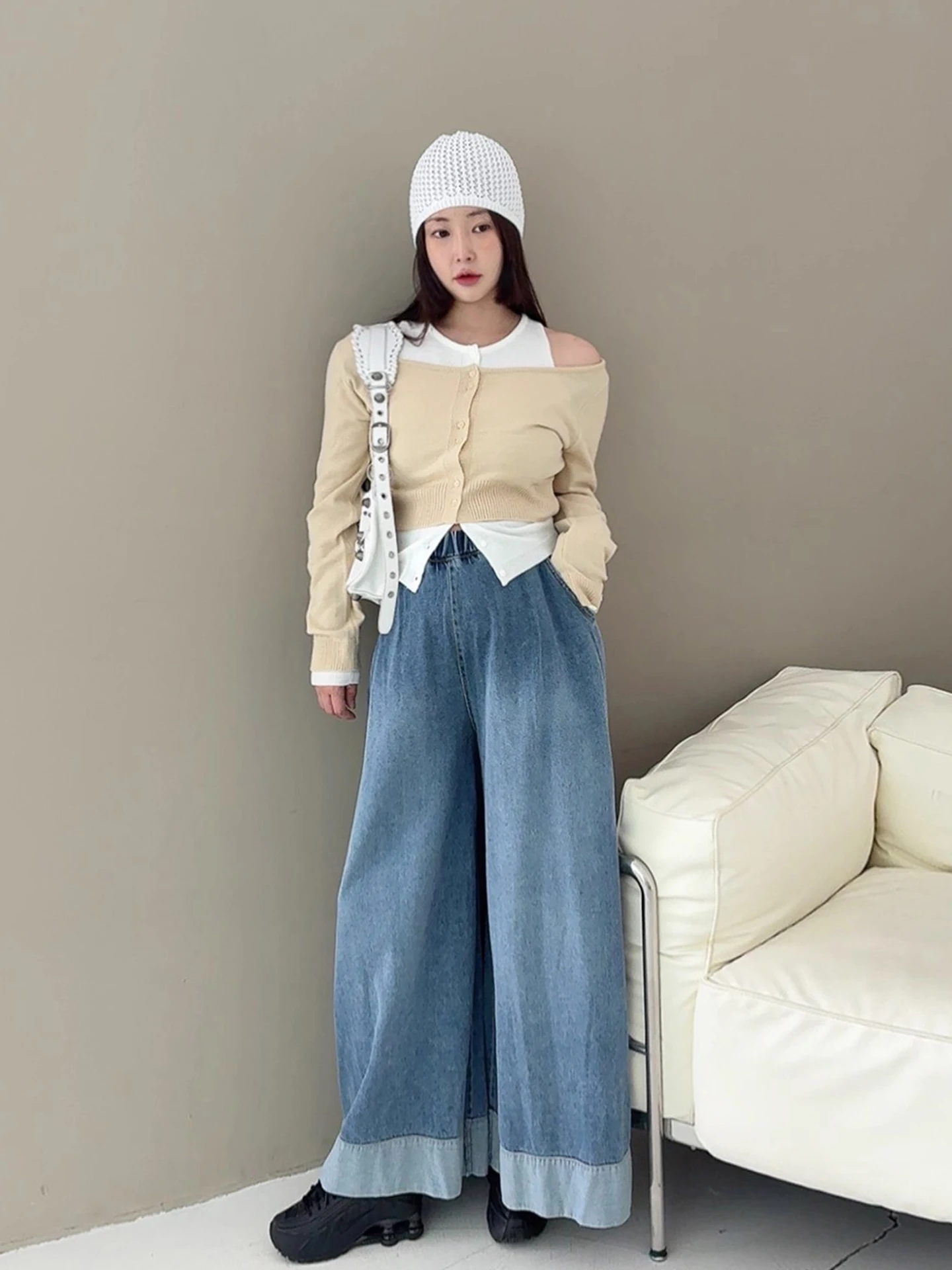 

Retro Faded White Wide Leg Pants Women's Loose Fit Elastic Waist Color Blo Denim Jeans Autumn New Sle Chic Long Trousers