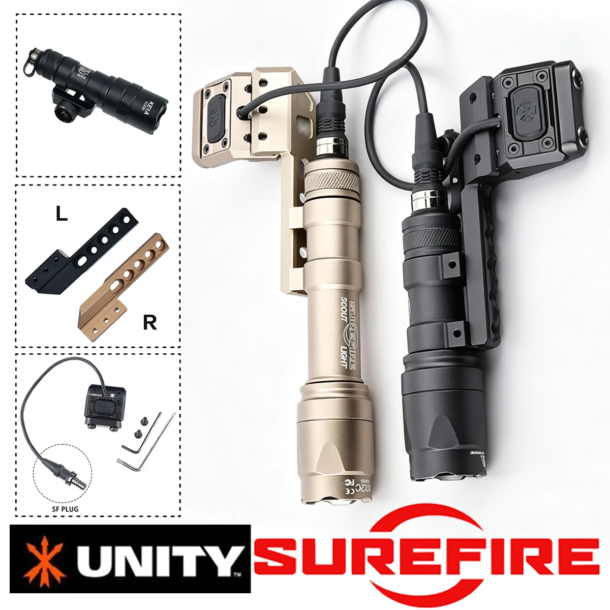UNITY, support décalé gauche/droite, interrupteur à distance HotButton, lampe de poche tactique Surefire M300 M600, lampe de chasse pour airsoft, compatible avec rail de 20 mm.
