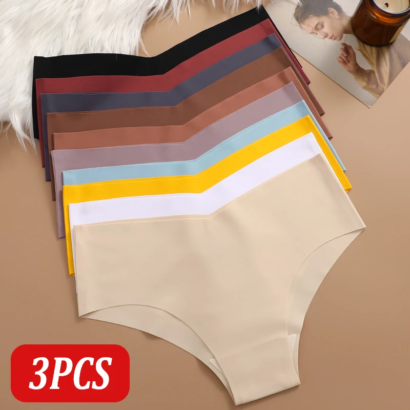 3 قطعة ملابس داخلية نسائية بدون أثر على شكل حرف V ملابس داخلية من الحرير الجليدي بدون خياطة بلون سادة ملابس تحتية تسمح بالتهوية ملابس داخلية حميمية للسيدات