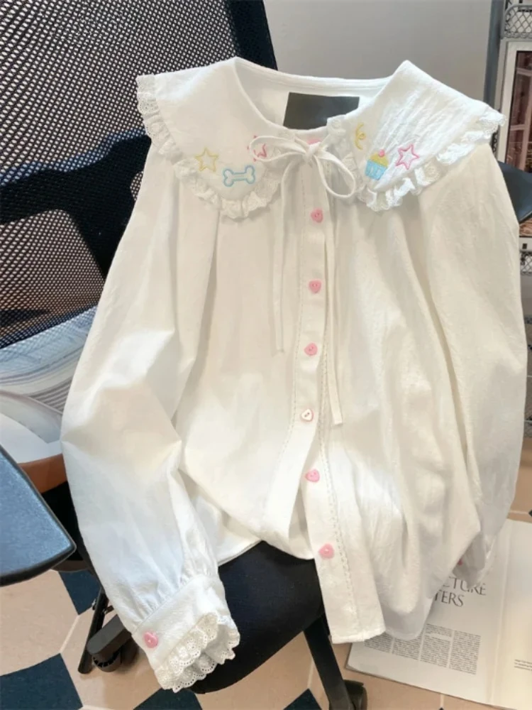 

2026 Spring Blouse Women 2000s Japanese Kawaii Cute Lace Patchwork Peter Pan Collar Shirt Y2k Vintage Sweet Embroidery Top Chic