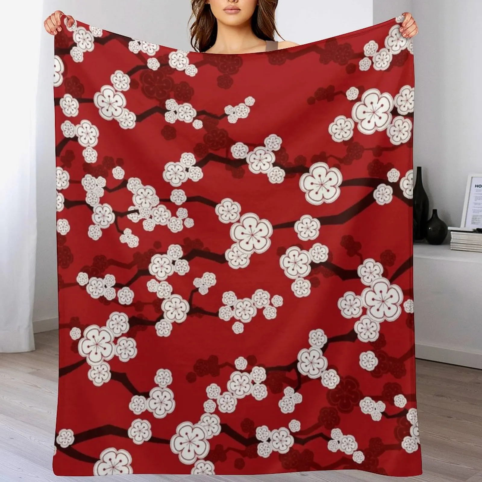 White Oriental Cherry Blossoms On Red | Zen Japanese Sakura Flowers ? fatfatin Throw Blanket For Baby Decorative Beds Blankets