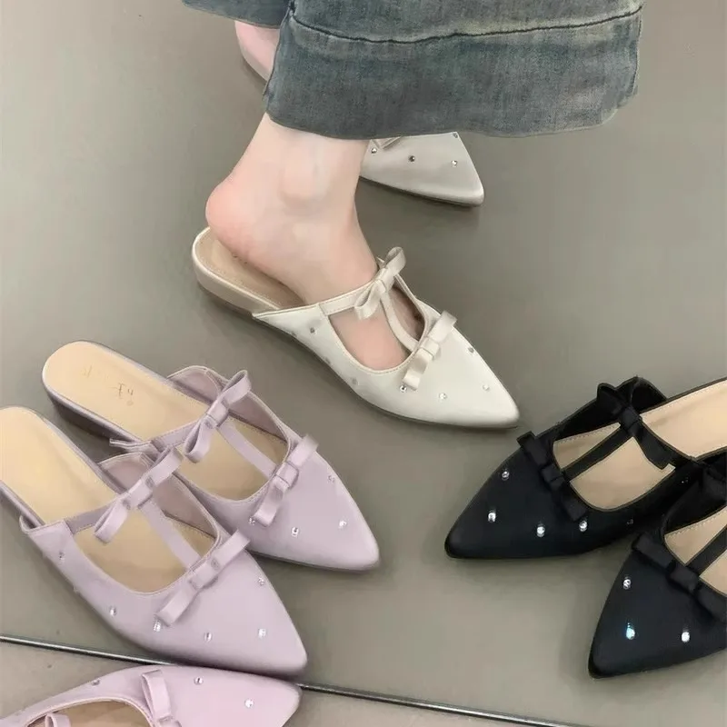

Fashion Pointed Toe Women Slippers Summer Slingback Dress Mules Shoes Crystal Bow Elegant Woman Sandals 2026 Women’s Zapatillas