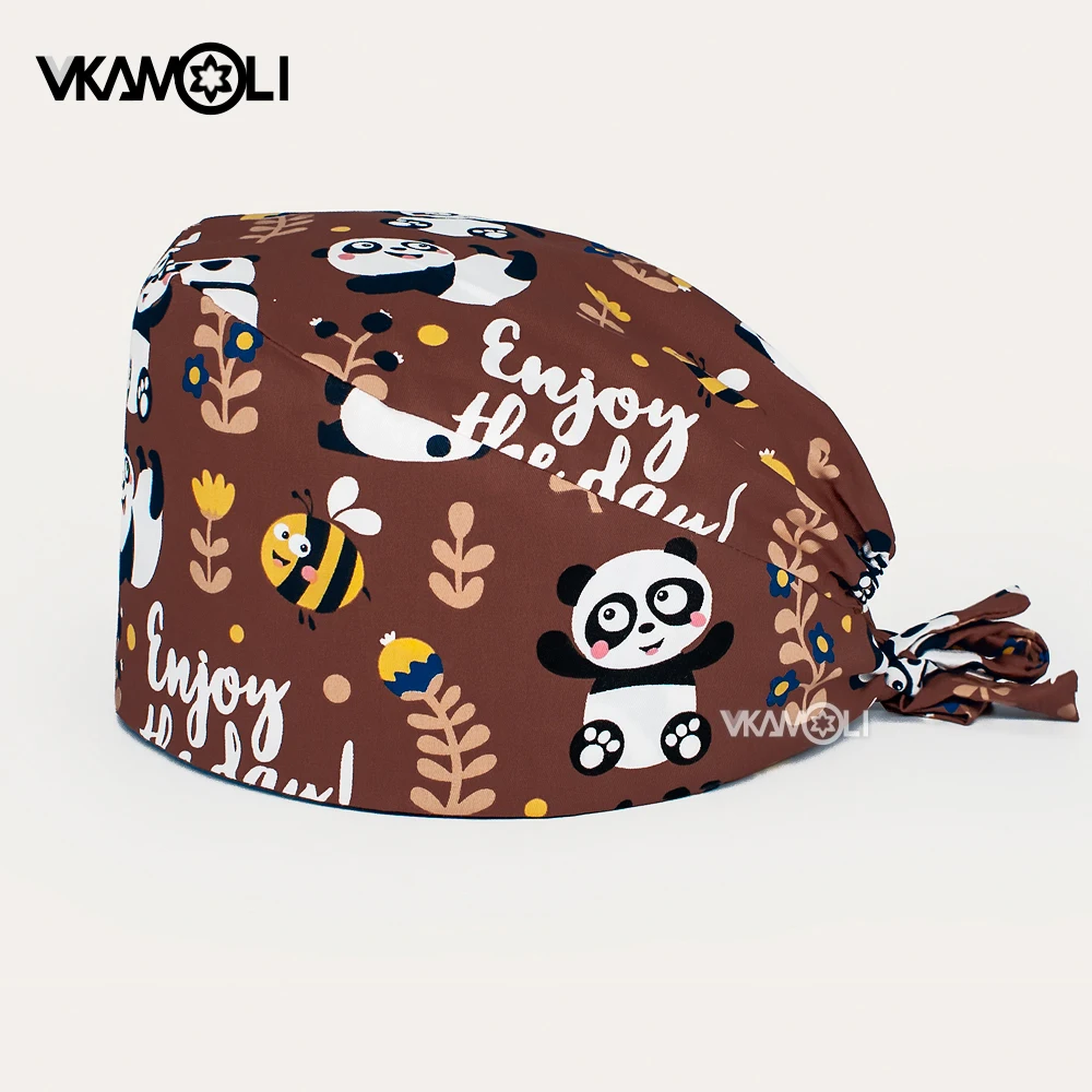 Carino piccolo panda stampato scrub cap officina parapolvere lab scrub donna prezzi all'ingrosso scrub cappelli