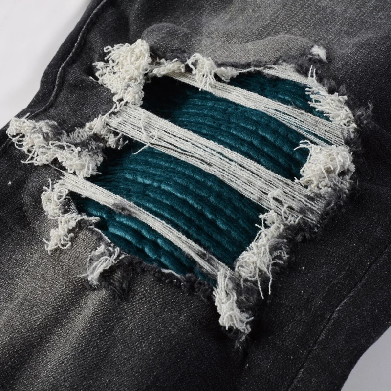 High Street Designer Fashion Men Jeans Retro Black Gray Stretch Slim Fit Patched Ripped Jeans Men Brand Hip Hop Y2K Denim Pants