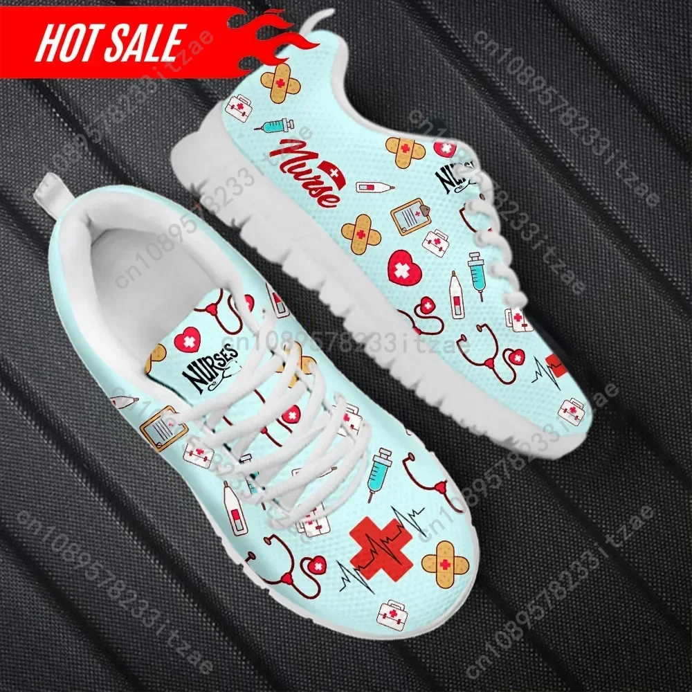 2025 Women Nurse Shoes Breathable Lace up Flat Shoes First Aid Sign Medical Tool Print Ladies Mesh Sneakers Zapatos