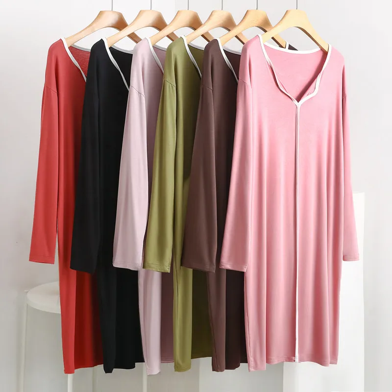 Camisones de talla grande para mujer, vestido de noche de manga larga con cuello en V, holgado, a la moda, Color a juego, M-3XL