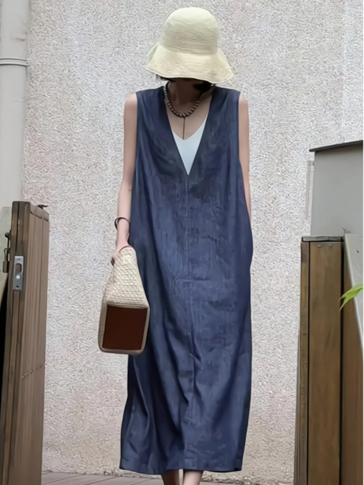 Retro Blue Linen Dr Women's Summer Loose Slimming Casual Holiday Sle Svel Vest Long Dr Casual V-ne Dr