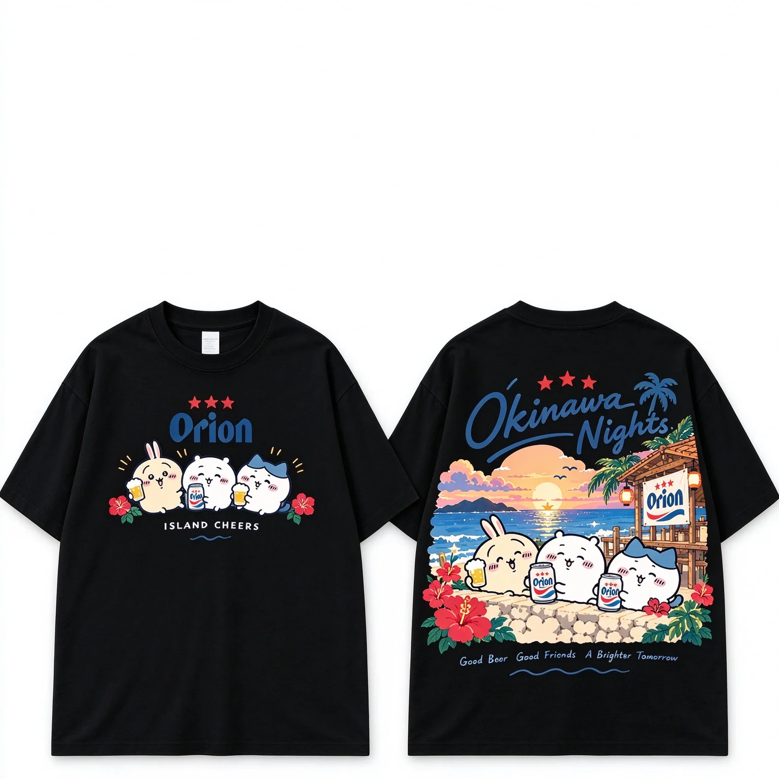 Chiikawa Cute Kawaii Okinawa Beer Tee Men's Women's White Retro Cool Graphic Art Print Oversized Short Sleeve Streetwear Top