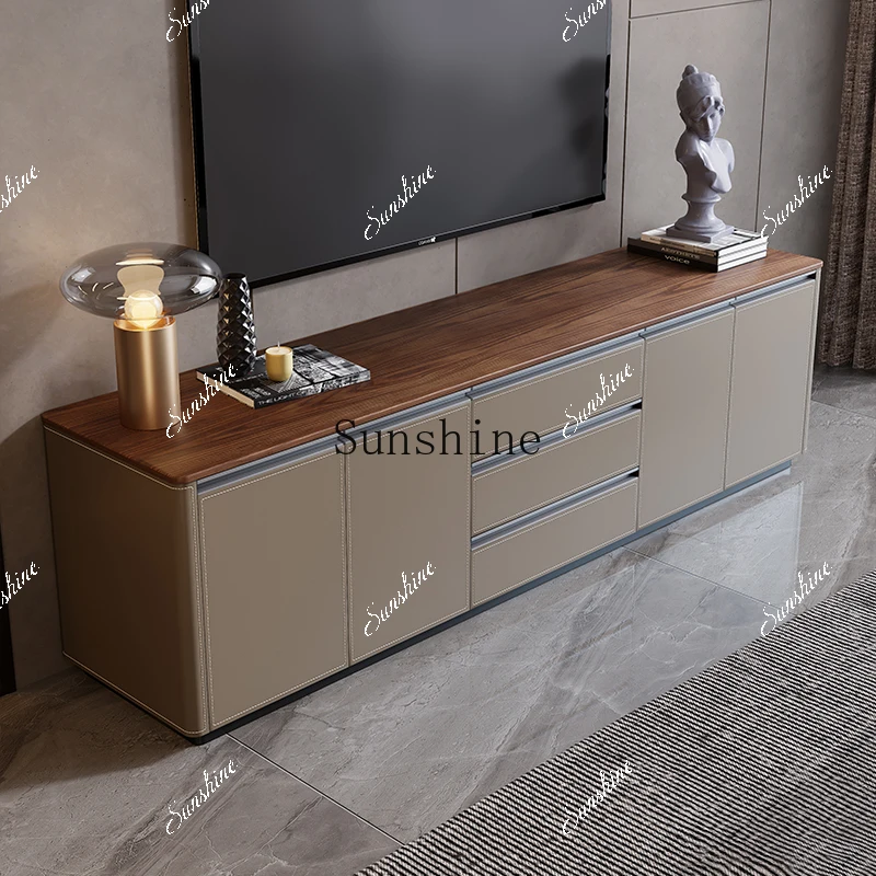 Minimal high TV cabinet Modern home living room Multifunctional storage Saddle leather Solid wood   FT