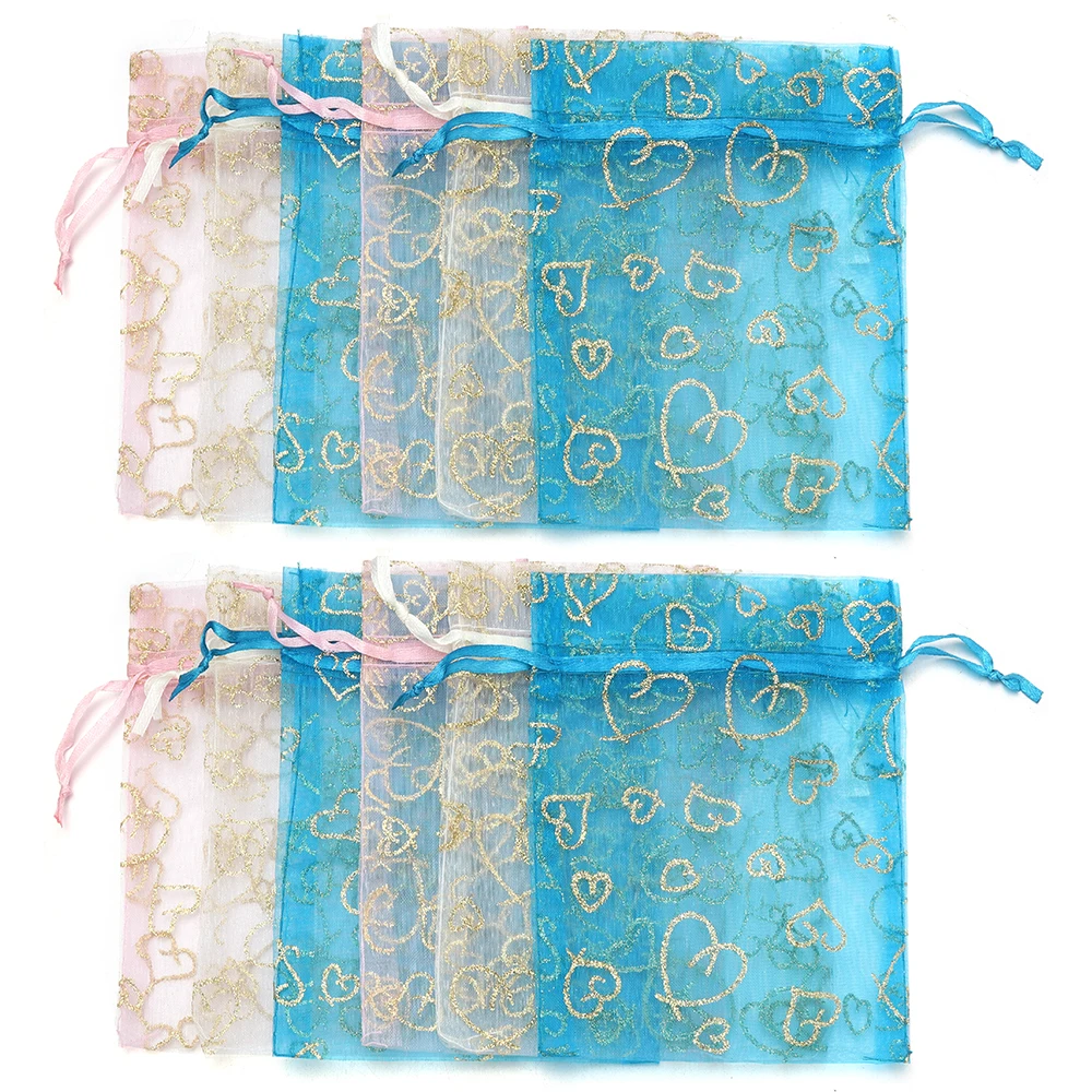 

5pcs 10x14cm Love Heart Organza Bags Gift Bag Candy Pouch Drawstring For Small Businesses Party Favors Packaging Supplies