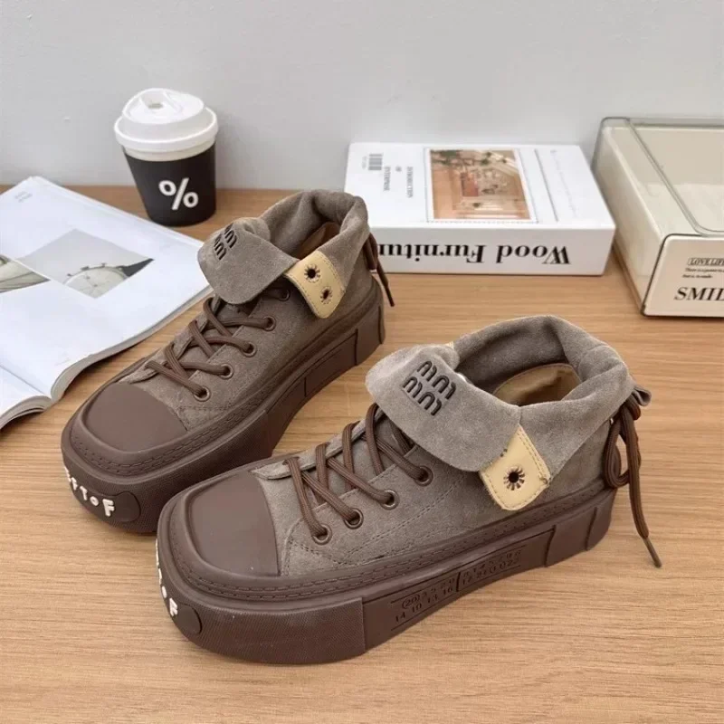 Women\'s Boots Matte Leather Lapel High Top Casual Shoes Letter Thick Sole Retro Lace Up Height Increasing Skateboard Shoes