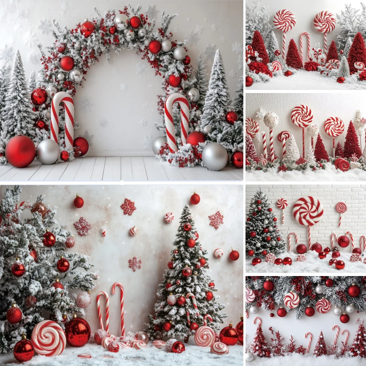 Merry Christmas Photography Background Winter Snowflake Glitter Xmas Tree Red Lollipops Bells Kid Family Portrait Photo Backdrop