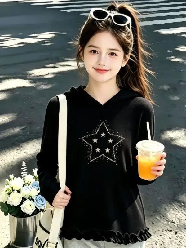 Loose Long Sleeve Star Print Hoodie for Girls Autumn Season Fashionable Base Layer Shirt Girls' Clothing Casual Wear