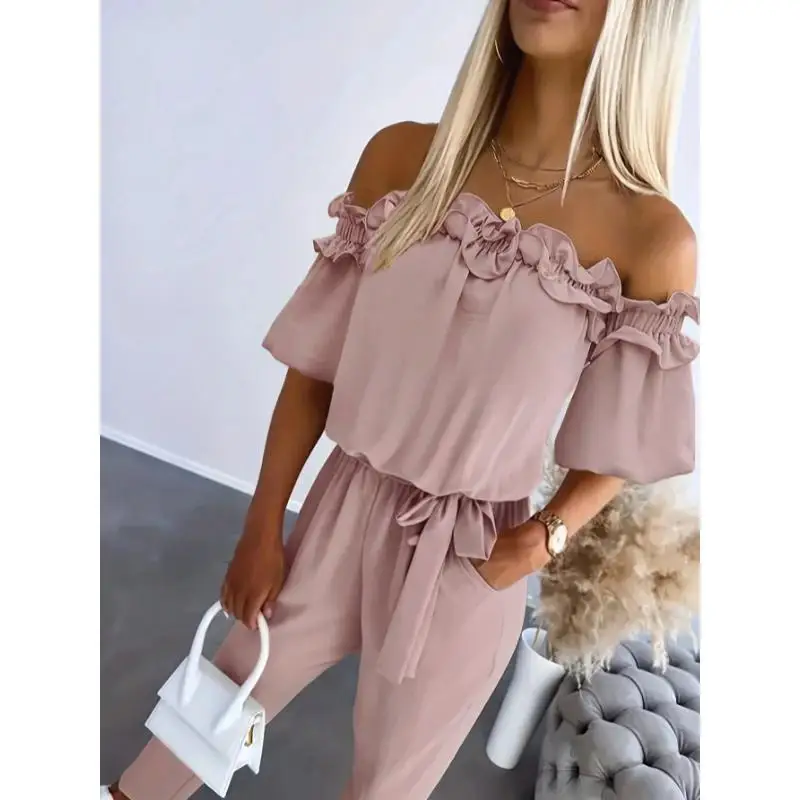 

Off-Shoulder Ruffle Trim Romper One-Piece Suit Women's Fashion Spring Season Four Seasons Apply Brandless Registered Trademark