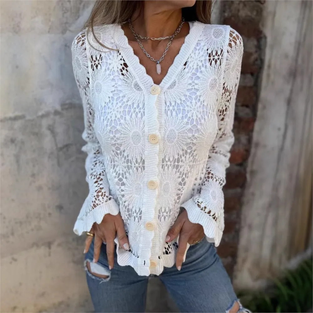 여성 섹시 레이스 블라우스 셔츠 V넥 버튼 긴팔 니트 가디건 출퇴근 패션 캐주얼 탑 여성 의류 2025