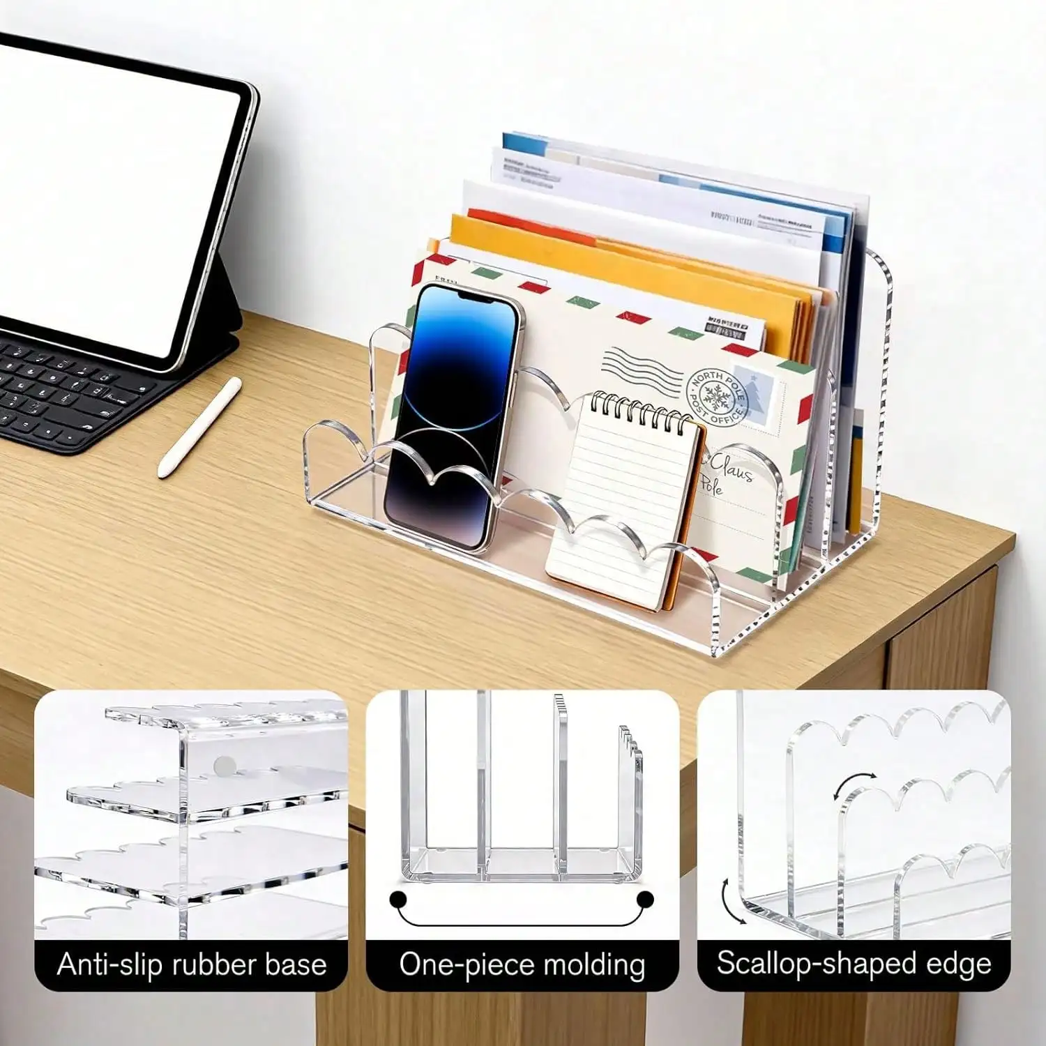 3 Compartments Acrylic Mail Organizer, Vertical File Sorter & Scalloped Desk Organizer For Letters, Envelopes, Bills, Stationery, Mail Holder For Office And Home