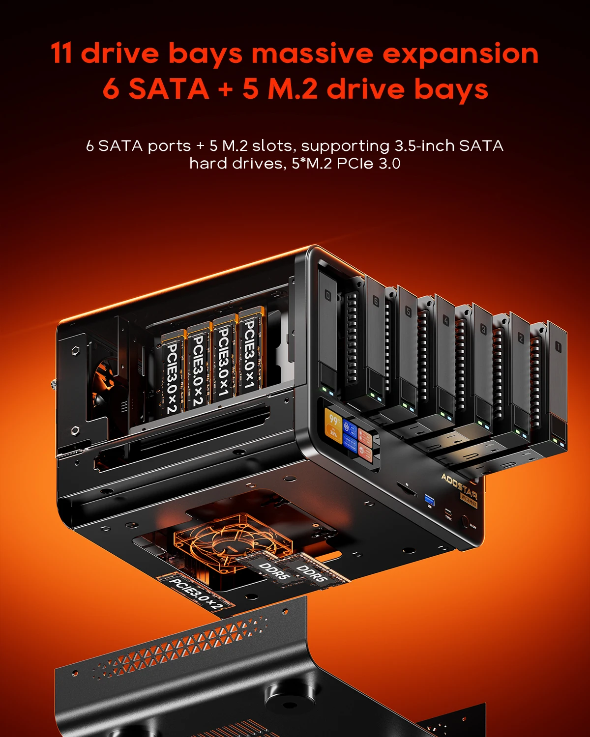AOOSTAR WTR MAX Mini PC Intel i5-1235U Barebone NAS Server 11-Drive Bays 6 SATA+5 M.2 Dual 2.5G+10G SFP+ OCuLink eGPU Dock USB4 DDR5 Mini Computer - view 3