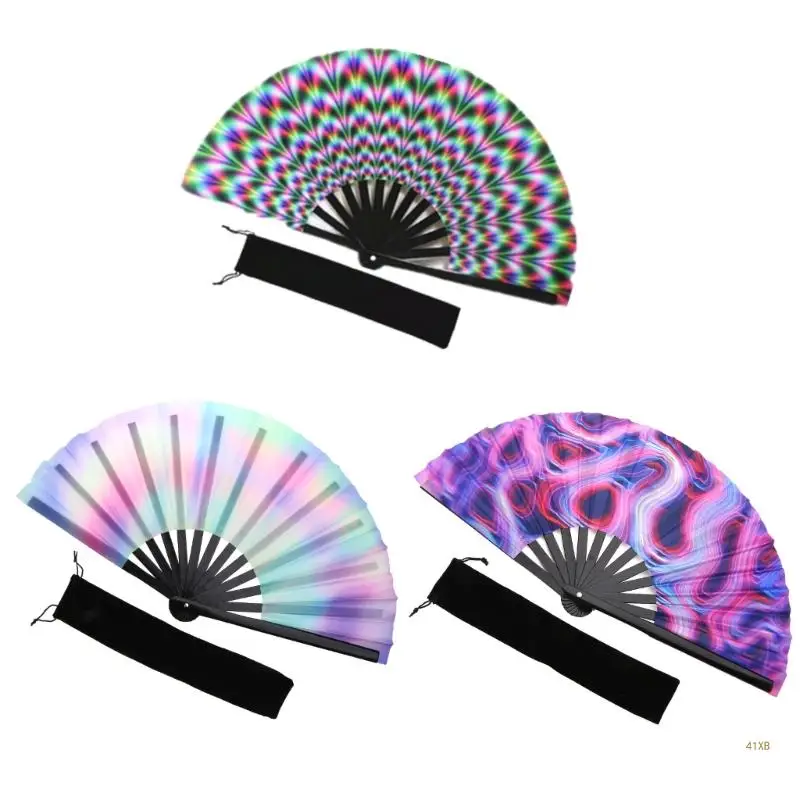 

41XB Folding Fan Fluorescent Hand Fans Dance Props Portable Large Bamboo Fan for Performances Wedding Party Home Decorations