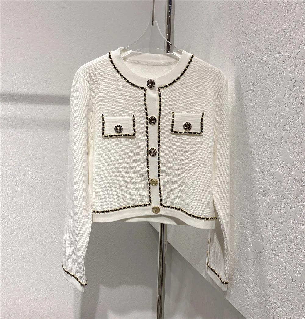 

High-End Parisian Chic ort Knitted Jaet Women's Gold Button Cardigan Sweater Sweet Sle Long Sve Premium Quali