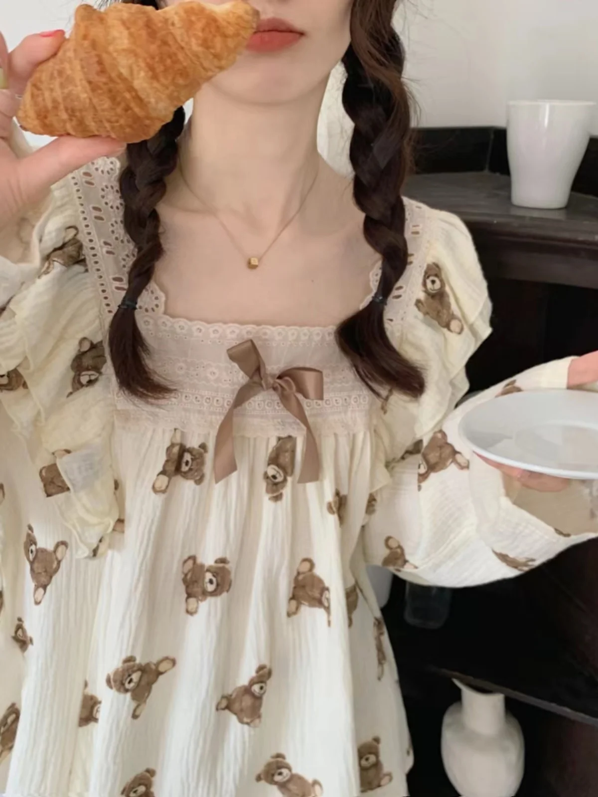 Korean Style Long Sleeve Sleepwear Autumn New Sweet Cartoon Bear Casual Comfortable Home Clothes for Women Milk Silk Home Clo...