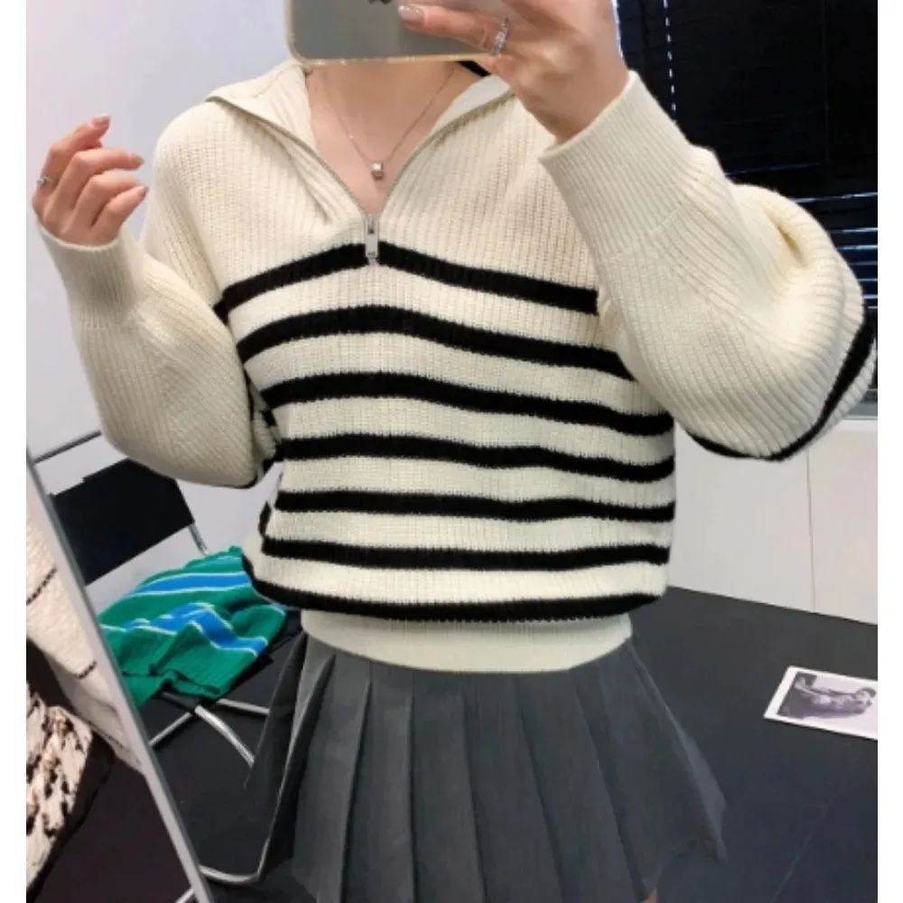 Women\'s Turtleneck Loose Lapel Striped Knitwear Women Pulovers New Simplicity Half Zipper Casual Fashion Women Sweaters 2024