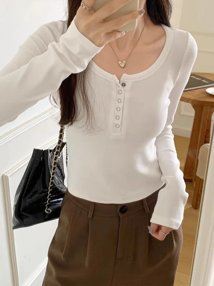 Spring Initial Slim Fit Women's Base Shirt Long Sleeve Inner Wear White T-Shirt Ribbed Top Korean Style City Walk Fashion