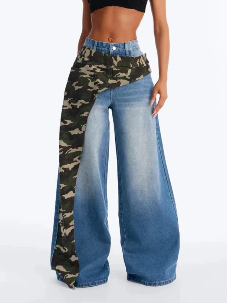 ANJY Spring Autumn New Women Y2K Washed Distressed Camouflage Patchwork Jeans Trend Ins Loose Casual Wide Leg Denim Pants A26210