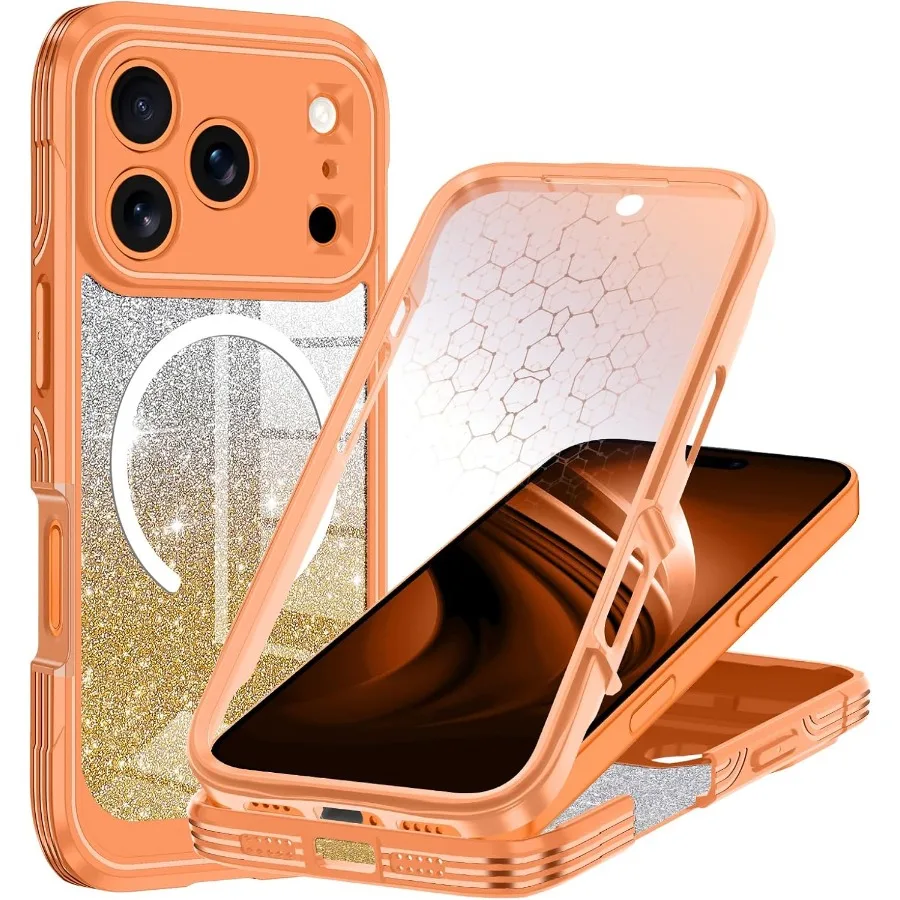 Orange Full Body Shockproof Protective Case for iPhone 17 Pro Max with Built-in Tempered Glass Screen Protector and Camera Lens