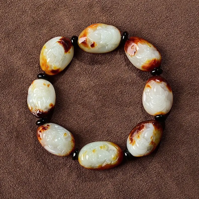 Hetian Pebble White Jade God of Wealth Buddha Bracelet Rough Stone Original Leather Suet