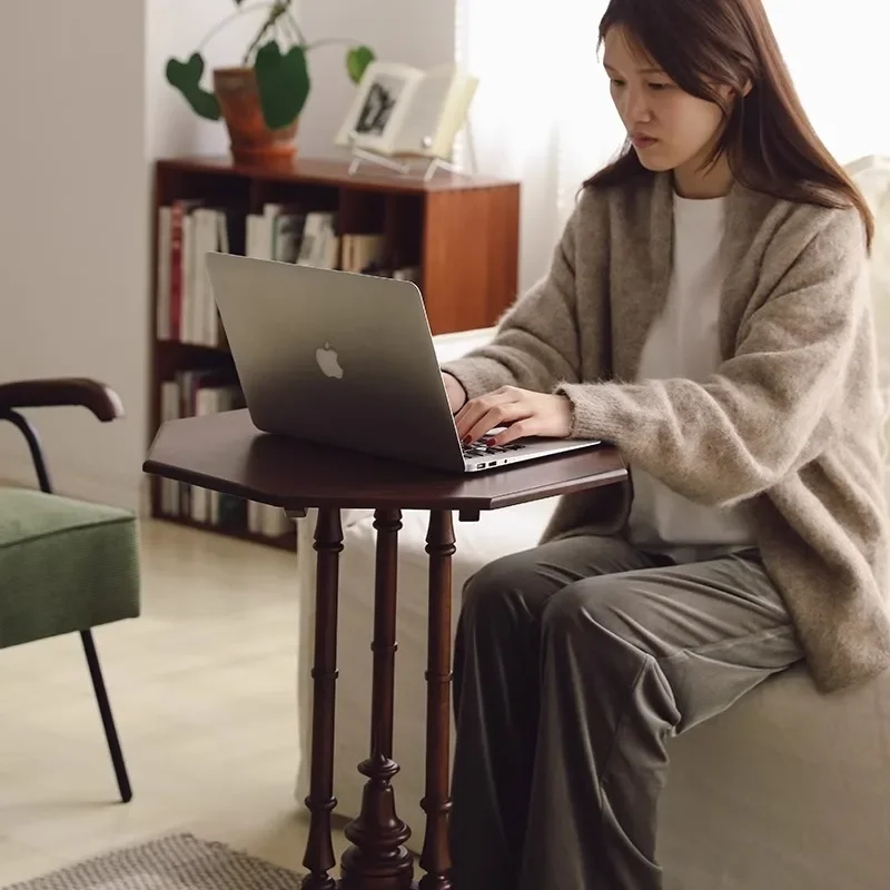Ośmiokątny stolik kawowy z litego drewna w stylu retro, mały stolik kawowy do salonu, na balkon, stolik boczny, mały stolik w stylu amerykańskim.