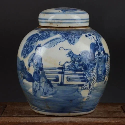 

Chinese Blue and White Porcelain Jar Qing Kylin & Kid Design Pot Tea Caddy 6.3"