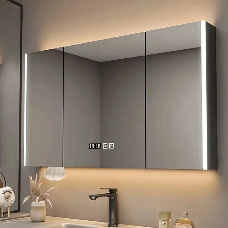 Умный зеркальный шкаф для ванной комнаты с подсветкой, скандинавская противозапотевающая мебель для ванной комнаты из цельного дерева, зеркало с шкафчиком для хранения M