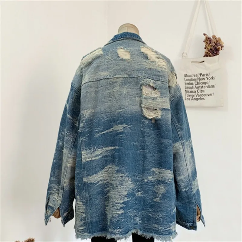 Vintage azul buracos denim jaqueta casaco feminino solto meados de longo cowboy outerwear primavera outono casual grande bolso jeans jaquetas femininas