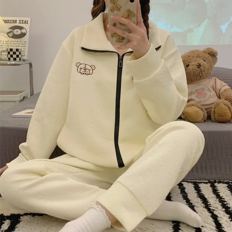 5XL Plus Size Pajamas Women Winter Thickened Warm Homesuit Korean Style Air Cotton Zip-up Cardigan Trousers  Can Be Worn Outside