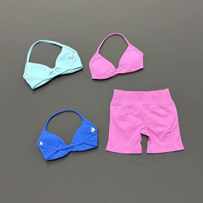 Women 2Pcs Gym Workout Set Halter Sports Bra High Waist Scrunch Butt Lifting Shorts Seamless Yoga Fitness Outfit Suit