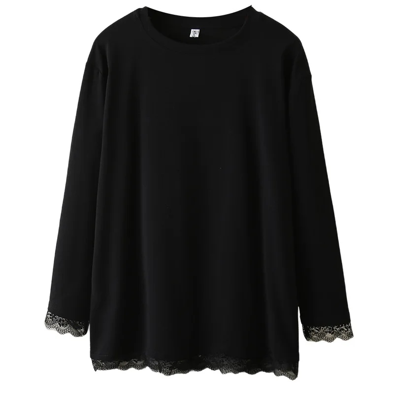 2025 Spring Autumn Plus Size Long T-shirt For Women Large Size Long sleeve Loose Cotton Lace O-neck T-shirt 3XL 4XL 5XL 6XL