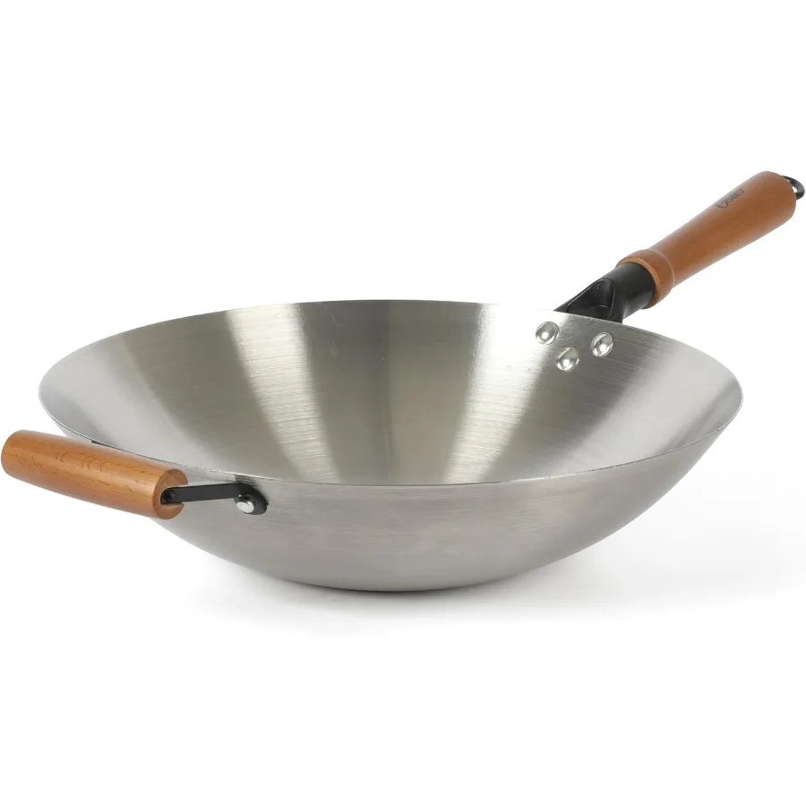 

14-дюймовый вок из нержавеющей стали с деревянными ручками для жарки и жарки с высоким температурам приготовления пищи на кухне, прочный, не реагующий