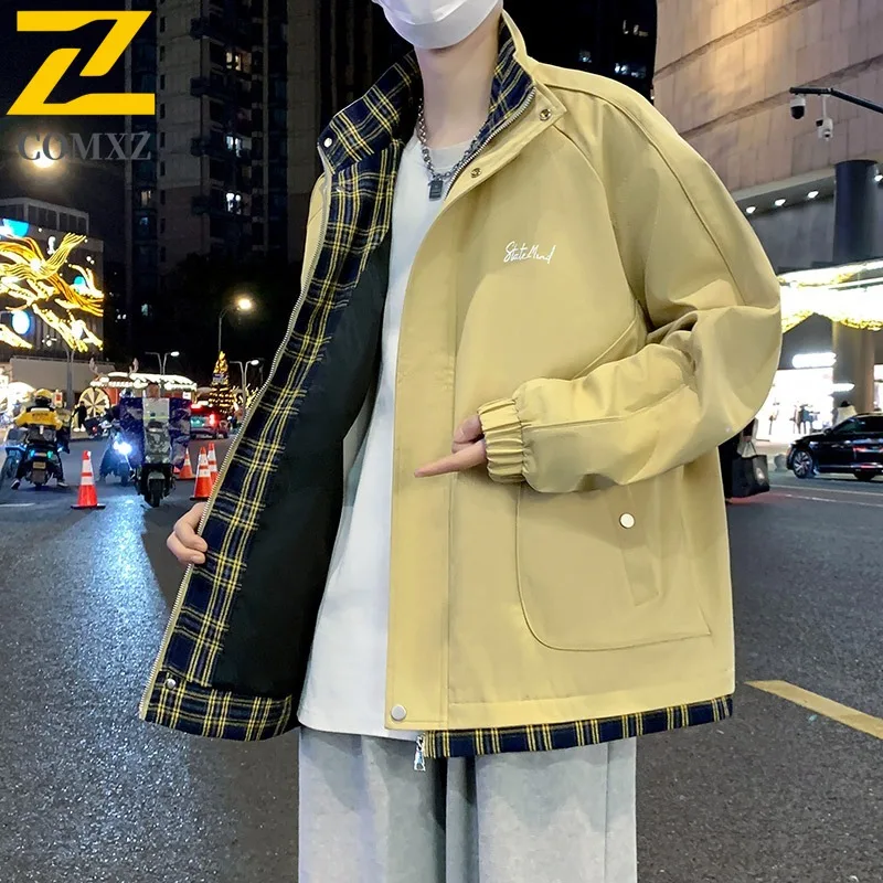 

COMXZ 2025 Men Jacket Autumn Hong Kong Style Turn Down Collar Running Travel Streetwear Coat Grid Splicing Leisure Outerwear