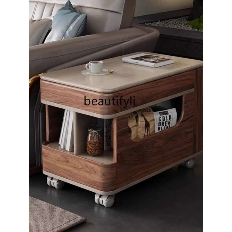 Solid Wood Lifting Tea Table Movable Trolley Side Table Black Walnut Household Rotating Bedside Cabinet image 3
