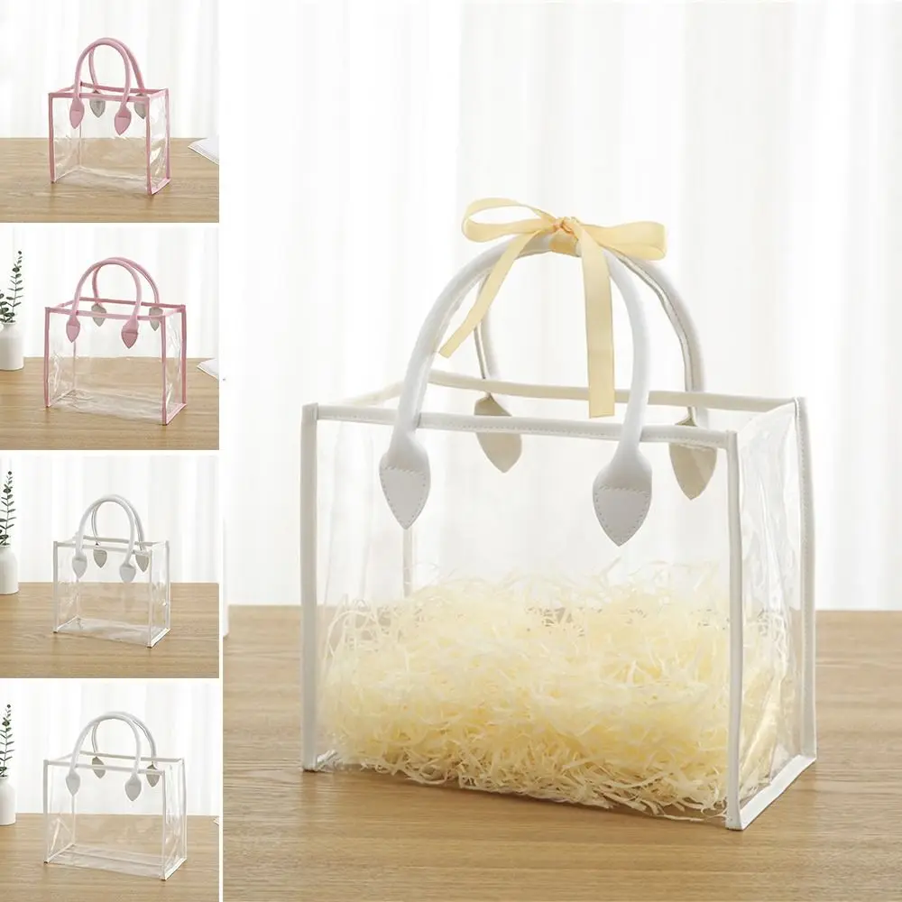 Transparent Gift Bag Fashion Pink White Waterproof Shopping Bags PU Handle Edging Handhold Packaging Tote