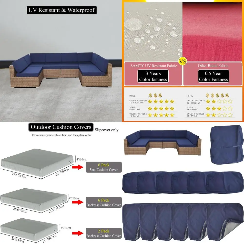 

Navy Blue Waterproof Patio Sofa Cushion Covers, 14 Pack, 25.6 x 25.6, for 6-Seat Outdoor Furniture with Zipper & Anti-Slip