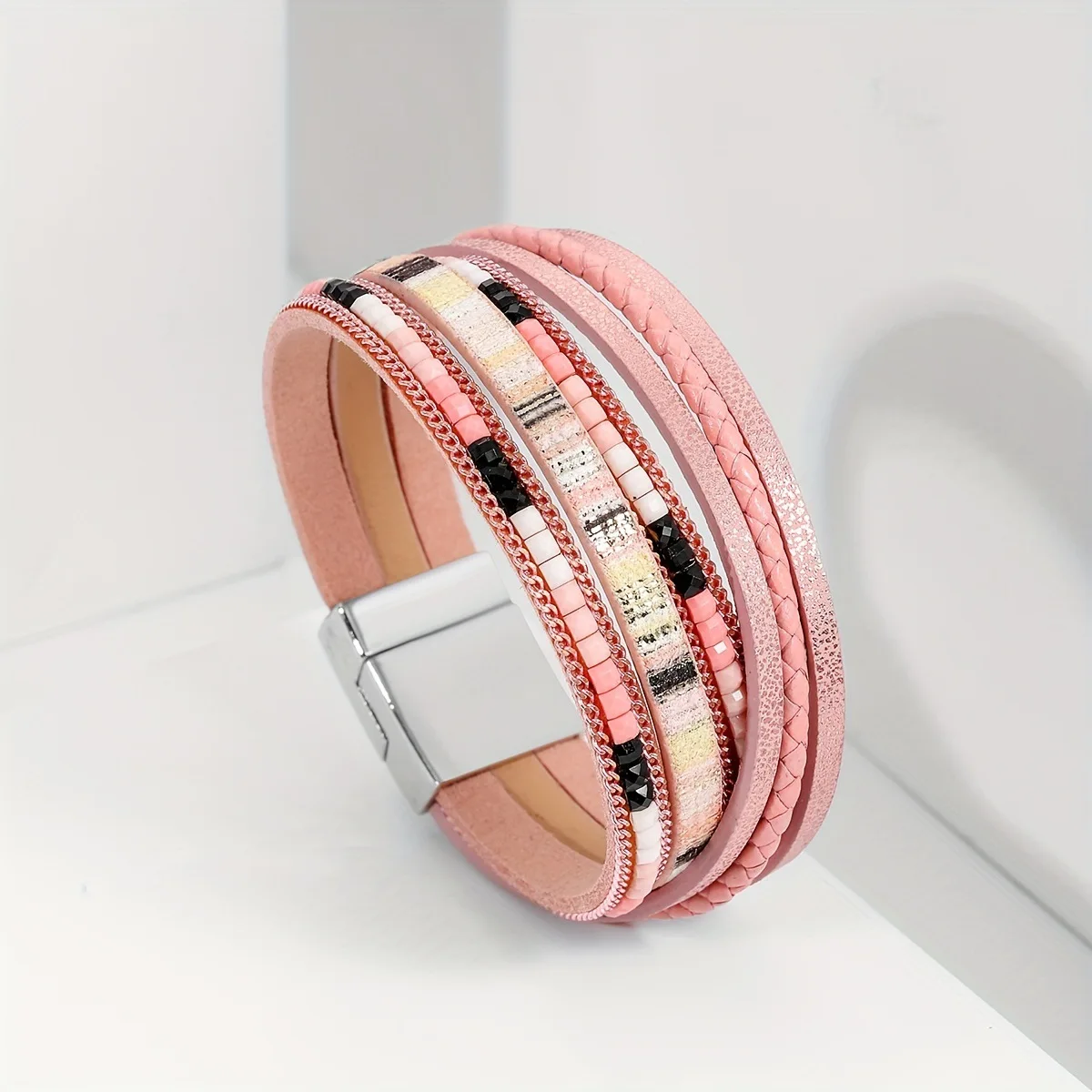 Bohemian Weed Beads Boho Pu Leather Stackable Handmade Braided Magnetic Clasp Women Wrap Bracelet Jewelry